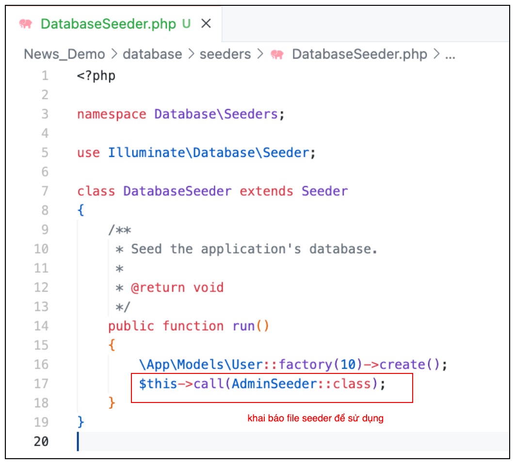 [Laravel8][Blog_Demo] Factory Diagram-screenshot declare into file DatabaseSeeder 1